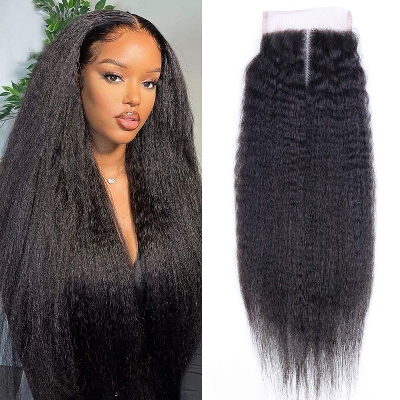 Odir 18 Inch Kinky Straight 4x4 Lace Closure 150 Density Brazilian Human Hair Hand Tied Swiss Lace Closure 9A Unprocessed Yaki Straight Virgin Hair Lace Closure No Bleached Knots Natural Color